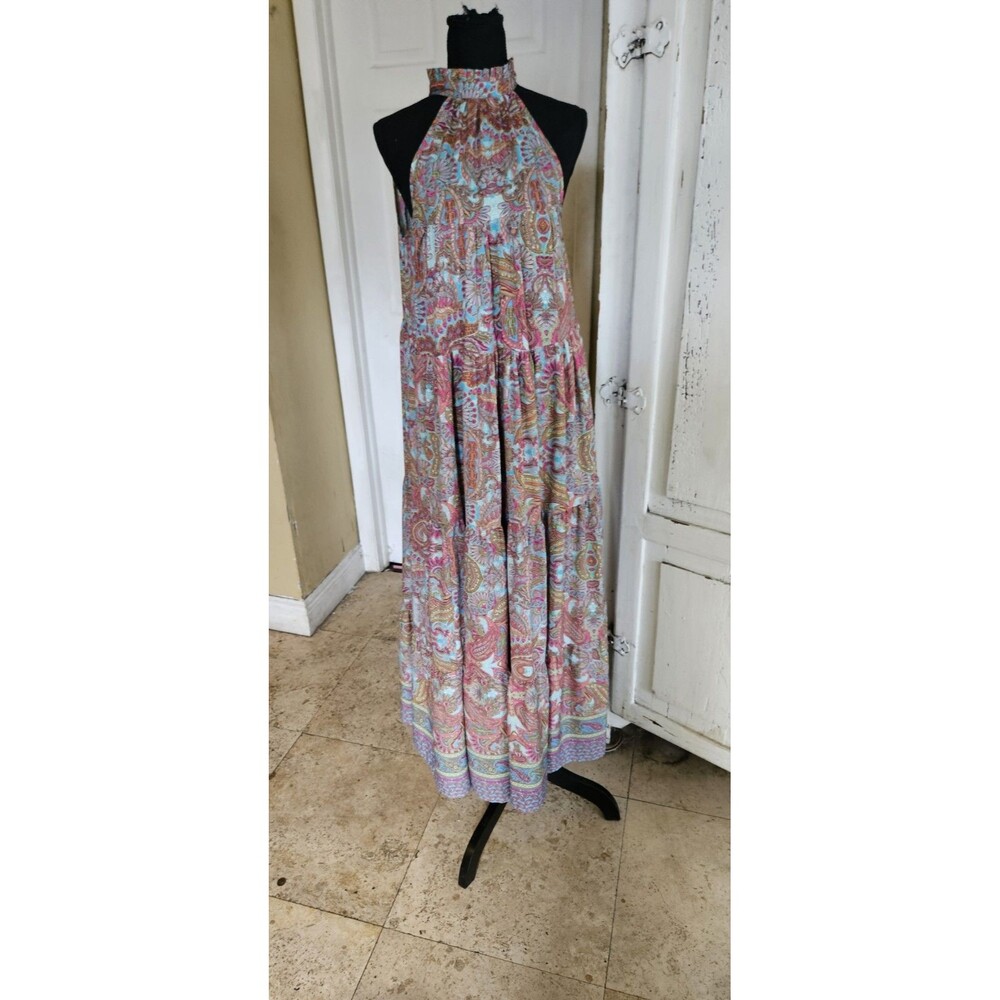 Boemo Dress Womens M Satin Paisley Tiered Maxi High Ruffle Neck Tassel Hippie L